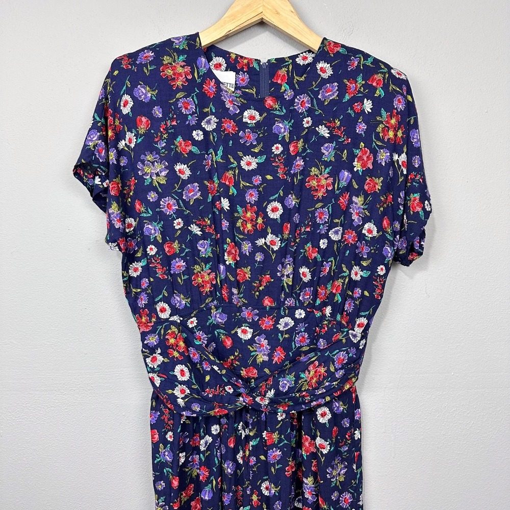 Vintage Floral Jumpsuit Women Size 16 Navy Blue Vintage Twisted Waist Taper Leg